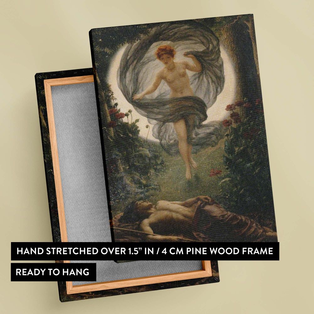 Edward John Poynter's The Vision of Endymion (1902) presents a mythological love story with Selene, the moon goddess, descending gracefully to the eternally sleeping Endymion, set in an ethereal forest bathed in delicate moonlight.