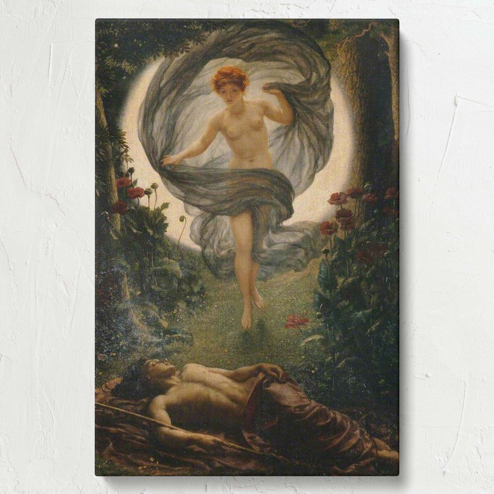 The Vision of Endymion (1902) by Edward John Poynter portrays a serene mythological scene where Selene, the goddess of the moon, descends in soft moonlight to gaze at Endymion, lying peacefully in sleep, surrounded by a dreamlike forest.