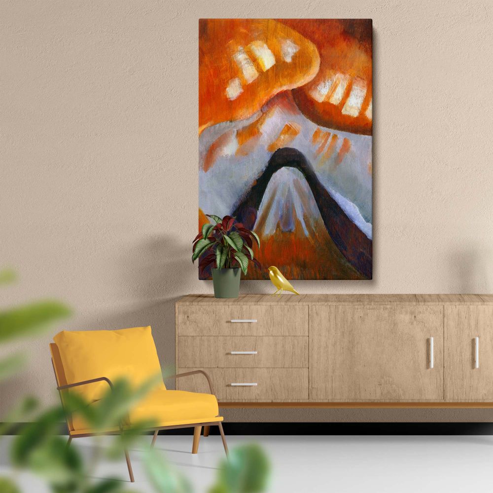 Vibrant abstract painting Mountain and Sky by Arthur Dove features sweeping shapes and dynamic contrasts of earthy orange, brown, and white tones, depicting a stylized, expressive mountain scene with modernist artistic flair and deep emotional expression.