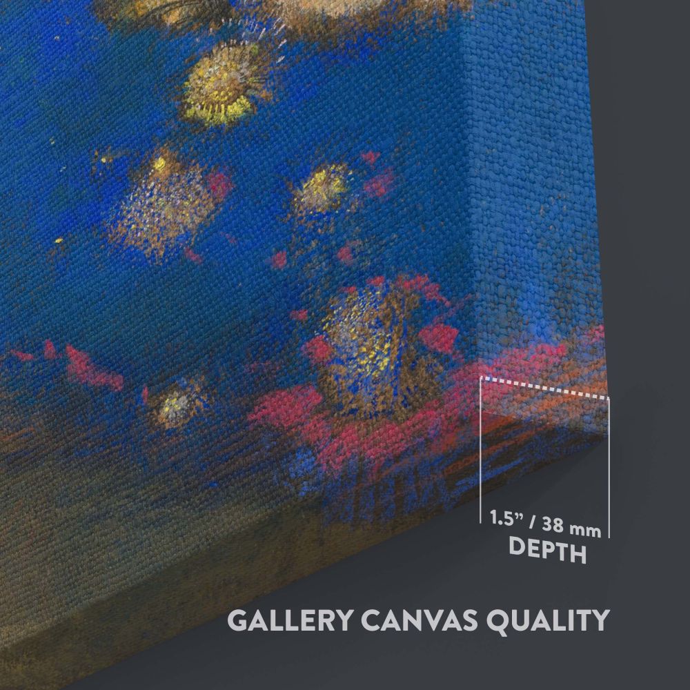 Odilon Redon's Sita painting depicts an ethereal female figure enveloped in a glowing halo, set against a celestial blue night sky scattered with golden stars, capturing a dreamlike, spiritual atmosphere with vibrant pastel tones and delicate details.