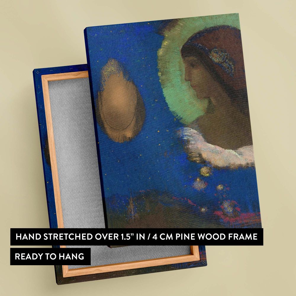 This symbolic painting by Odilon Redon, titled Sita, captures a celestial female figure radiating spiritual energy with a glowing halo, set against a vibrant starry night sky, blending dreamlike imagery, pastel hues, and a serene, introspective atmosphere