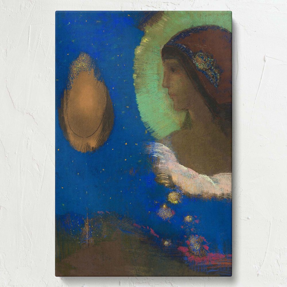 Odilon Redon's Sita painting features a contemplative celestial figure illuminated by a radiant halo against a deep blue starry sky, blending symbolic spirituality, vibrant hues, and intricate pastel textures in an ethereal and dreamlike composition.