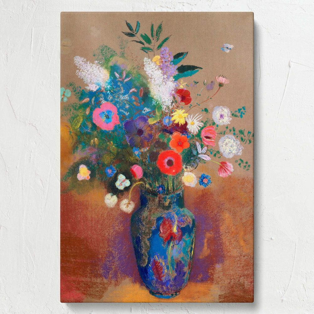 The Bouquet of Flowers by Odilon Redon, painted between 1900-1905, captures a colorful arrangement of flowers set in a vibrant blue vase, surrounded by intricate pastel details and a warm textured background, evoking a serene and artistic atmosphere.
