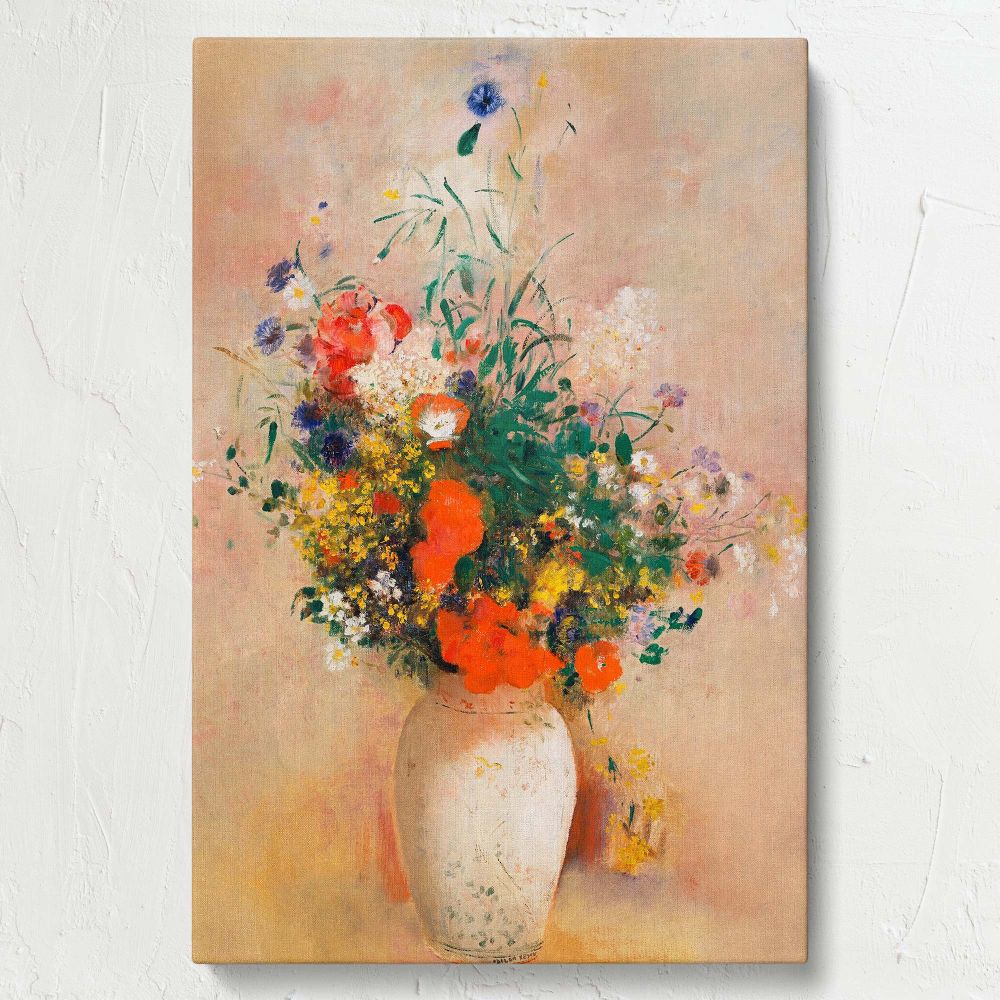 Odilon Redon's Vase of Flowers (Pink Background) from 1906 presents an elegant bouquet of colorful flowers placed in a ceramic vase, set against a calming pastel pink background, blending vivid colors with soft impressionistic techniques.
