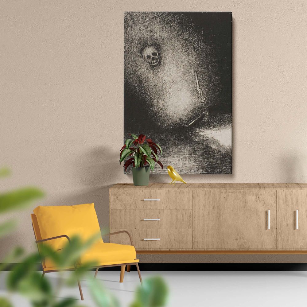 The Dream Has Ended in Death by Odilon Redon illustrates symbolic death imagery, including a floating skull, skeletal hand, and lifeless face submerged in water, capturing a haunting dreamscape infused with existential melancholy and surreal beauty.