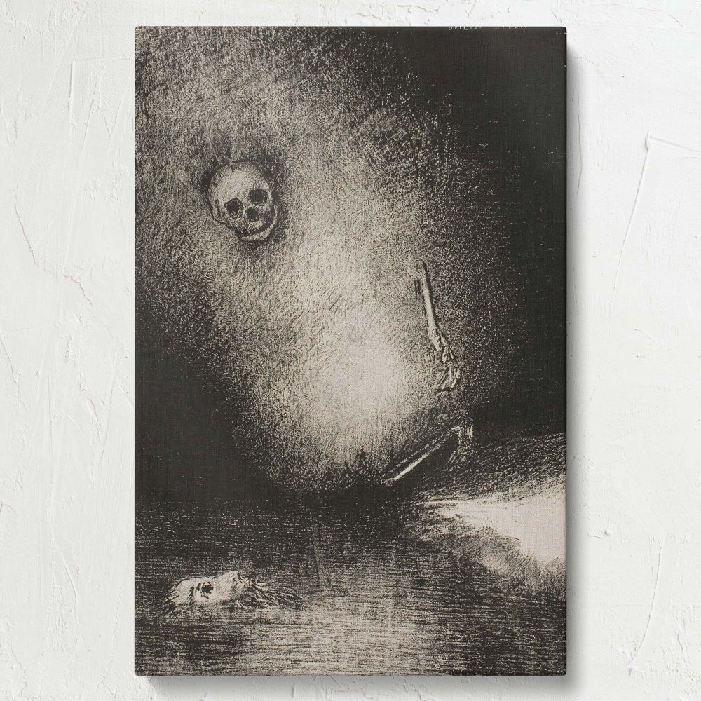 The Dream Has Ended in Death by Odilon Redon conveys a surreal and symbolic representation of mortality, featuring a skull, skeletal hand, and lifeless face in water, creating an emotional and thought-provoking reflection on life and death.