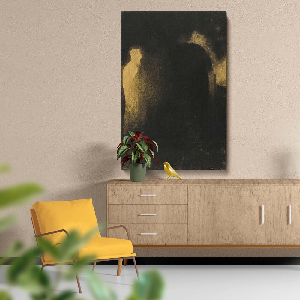 Odilon Redon's Vision illustrates a spectral figure illuminated by golden light standing beside a dark void, symbolizing an encounter with the unknown, mortality, and spiritual transcendence, expressed through moody symbolism and dreamlike contrasts.