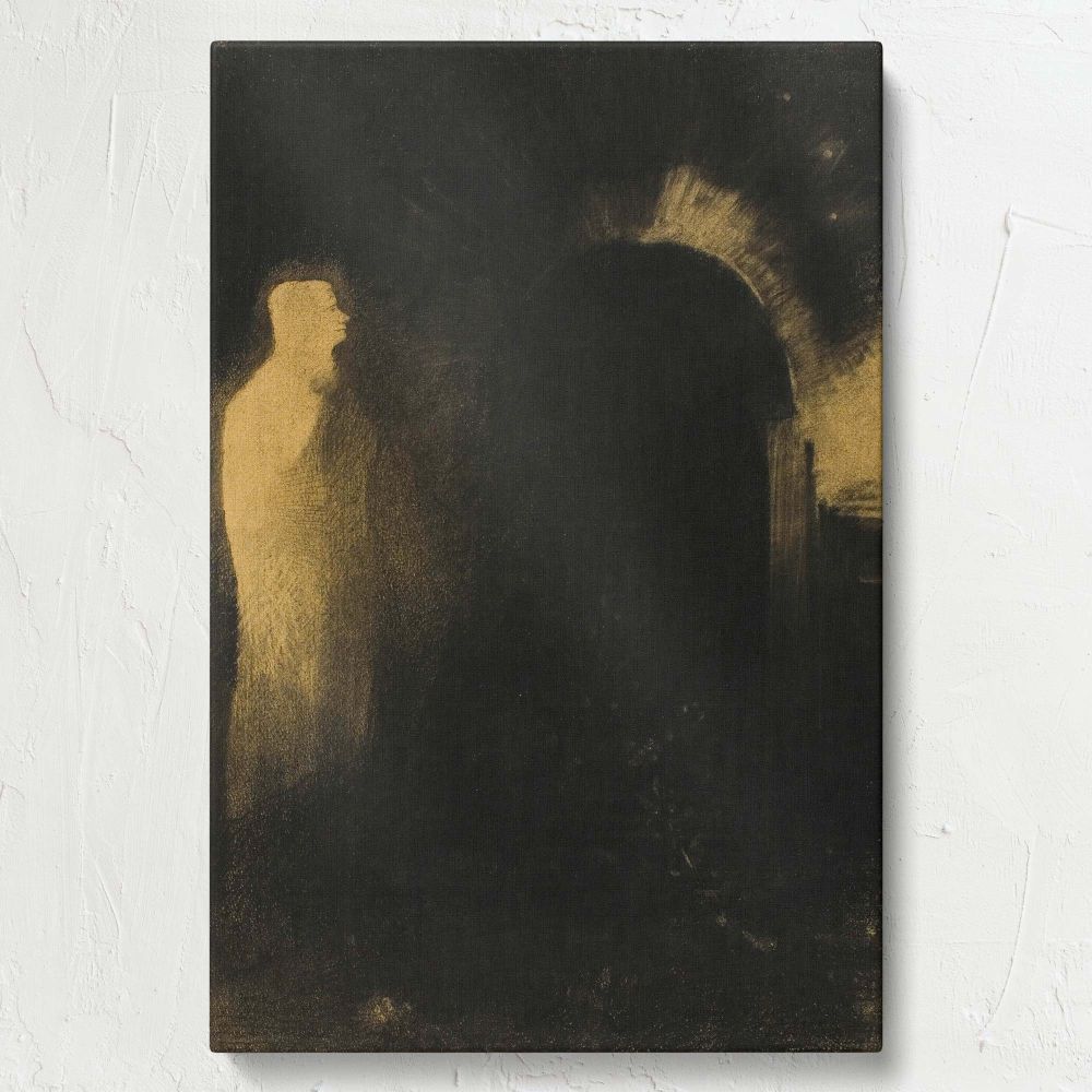 Odilon Redon's Vision captures a symbolic figure glowing in golden light, standing near an archway engulfed in darkness, evoking themes of mortality, existential mystery, and the spiritual connection between light and shadow in an eerie dreamlike scene.