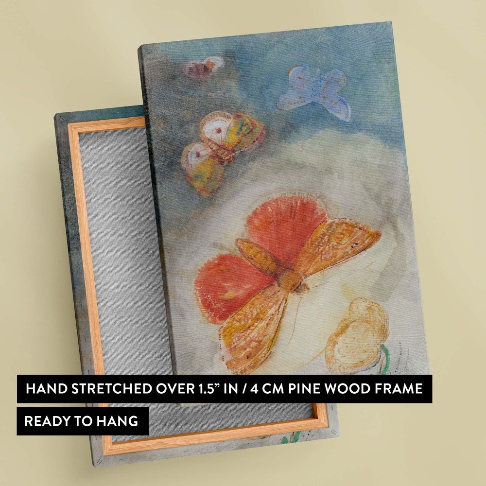 Odilon Redon's Papillons et Fleur is a Symbolist watercolor artwork showcasing four butterflies and a flower, painted with soft brushstrokes and vibrant hues of red, orange, and blue, set against a dreamlike and textured background.