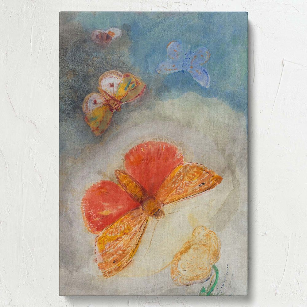 In Papillons et Fleur, Odilon Redon masterfully depicts four butterflies in striking hues of red, orange, and blue floating near a delicate flower, set against a softly blended watercolor background, capturing Symbolist art's dreamlike essence.