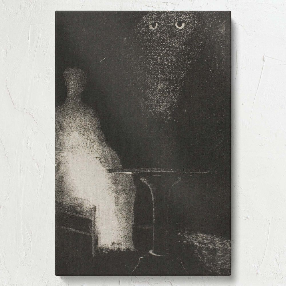 In I Continued to Gaze on the Chair and Fancied I Saw on It a Pale Blue Misty Outline of a Human Figure, Plate 1, Odilon Redon creates a ghostly vision featuring a pale glowing figure, shadowed table, and eerie eyes piercing through the darkness.