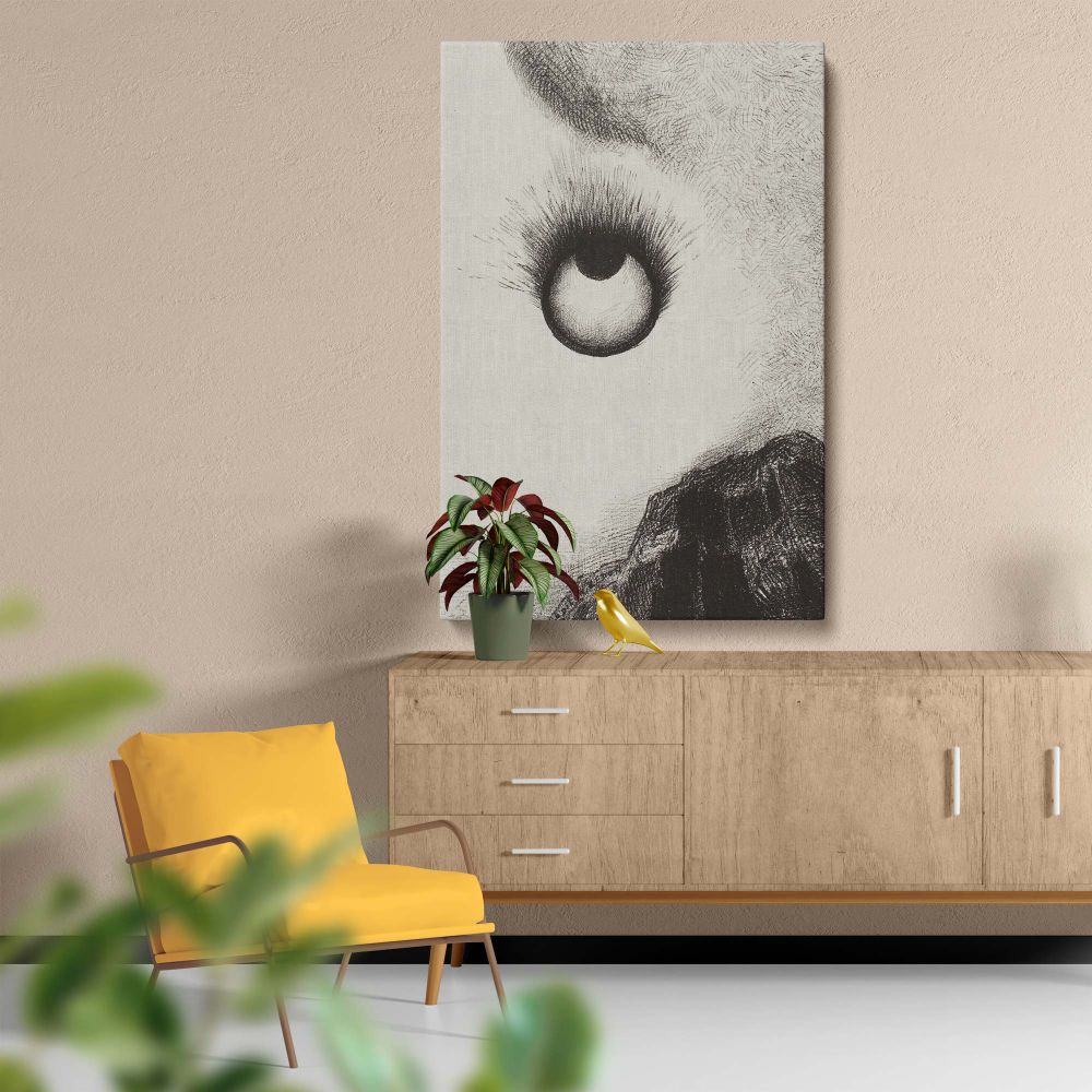 Everywhere Eyeballs Are Aflame Plate 9 from The Temptation of Saint Anthony by Odilon Redon is a monochrome Symbolist masterpiece featuring a single glowing eye in the sky, symbolizing divine power and inner reflection against a dark mountain landscape.