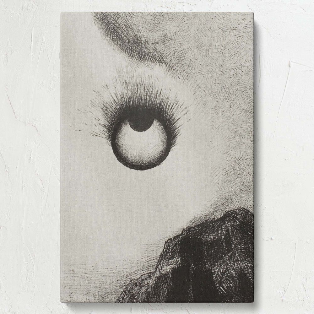 Odilon Redon's Everywhere Eyeballs Are Aflame Plate 9 from The Temptation of Saint Anthony features a luminous eye surrounded by radiating lines, casting a symbolic gaze over a shadowy mountain landscape in Symbolist monochrome style.