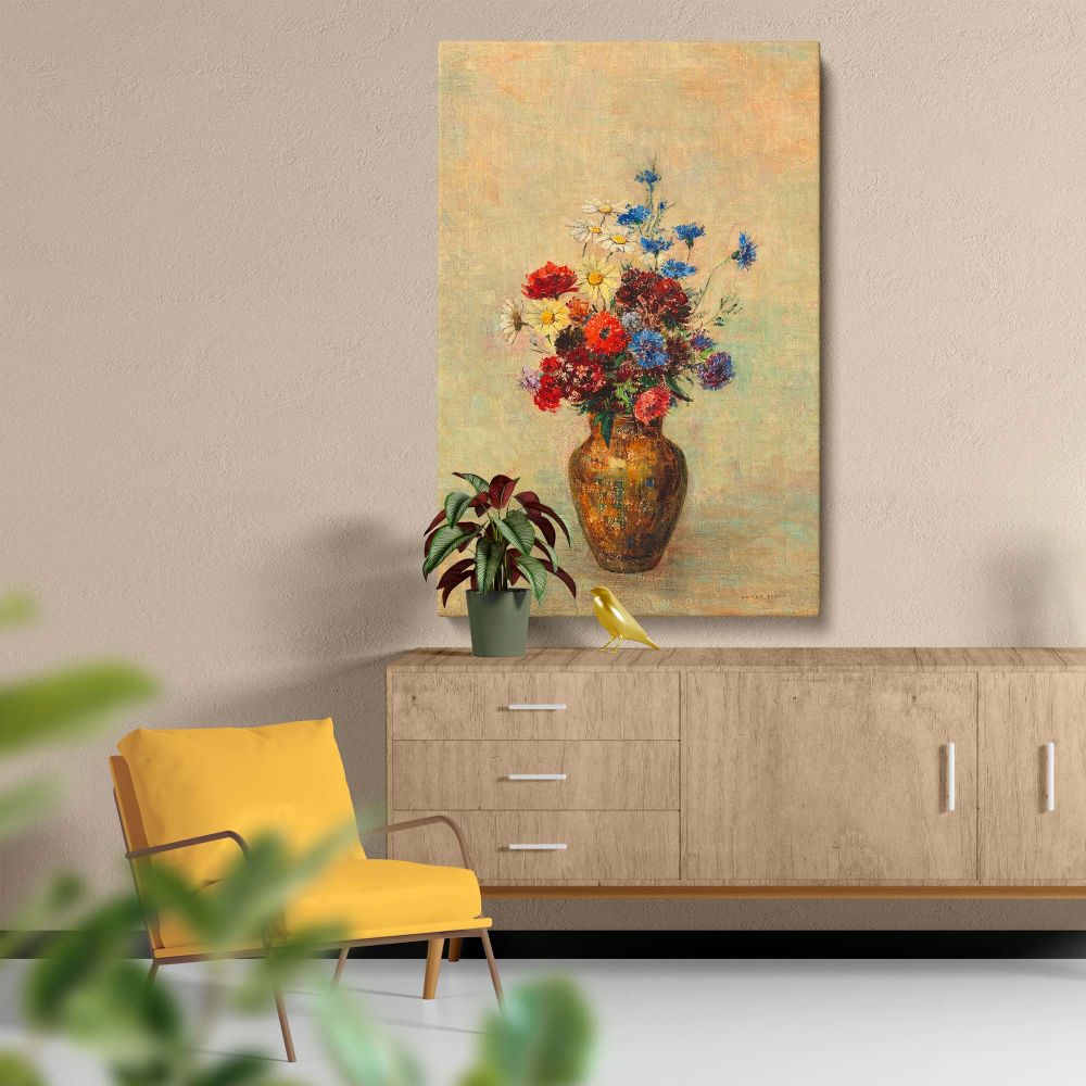 Odilon Redon's Flowers in a Vase (1910) features a vibrant collection of blossoms in red, blue, yellow, and white hues, carefully arranged in an earthen vase, blending nature's beauty with artistic finesse against a calming pastel background.