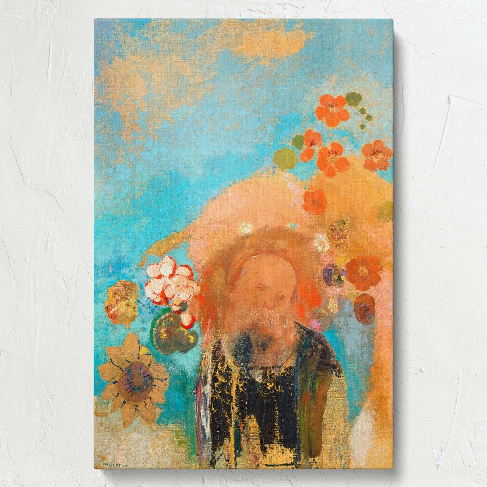 Evocation of Roussel by Odilon Redon illustrates a contemplative bearded figure encircled by bright floral patterns and a golden halo, set against a rich blue sky, symbolizing spirituality, inner peace, and the ethereal beauty of Symbolist art.
