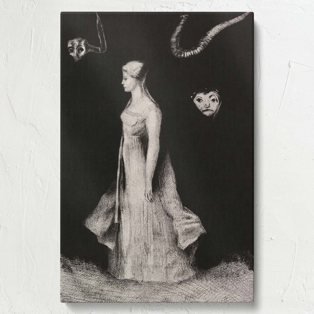 Haunting, an artwork by Odilon Redon from 1893-1894, captures a ghostly female figure draped in a flowing white dress, surrounded by disturbing floating faces and twisting horns in a surreal, dark environment filled with mystery and fear.