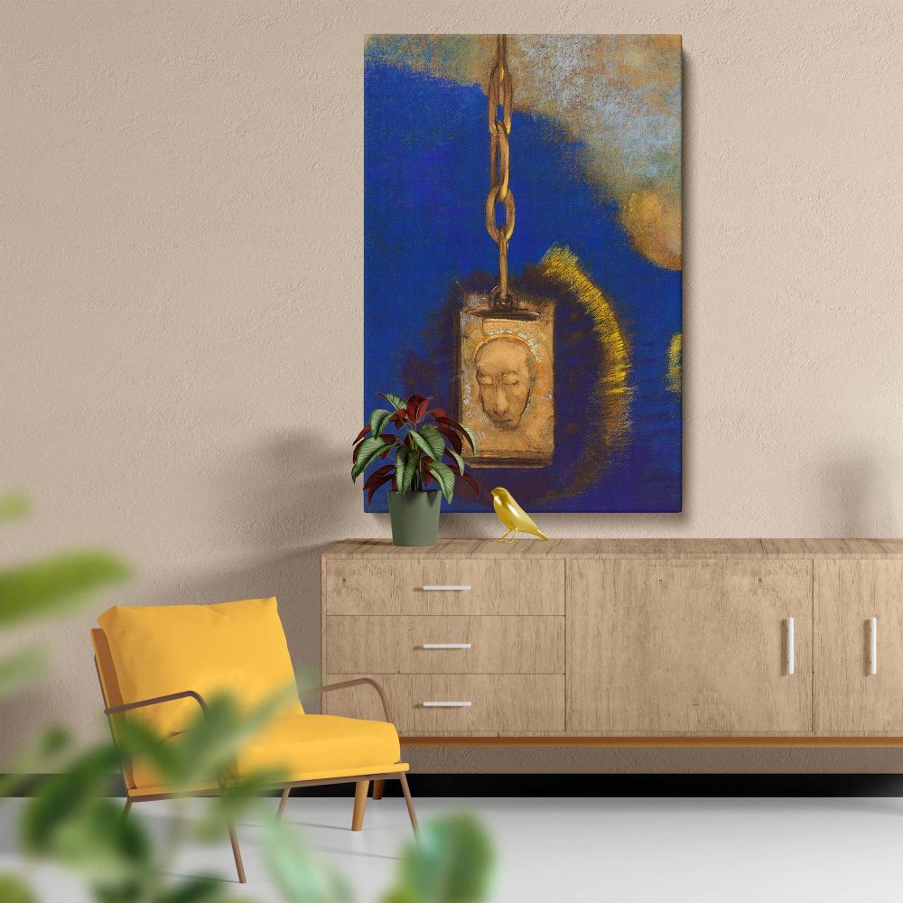 Odilon Redon's The Beacon illustrates a suspended carved head hanging from a golden chain with a radiant halo, floating against a dark celestial blue sky, evoking a sense of spiritual mystery and ethereal symbolism in an abstract dreamlike style.