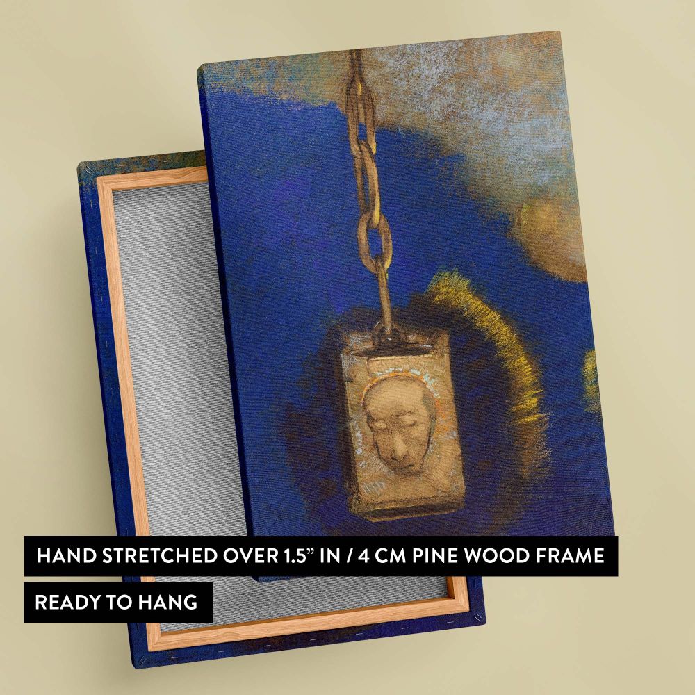 The Beacon by Odilon Redon depicts a carved head suspended from a golden chain glowing with a soft halo of light against a vibrant celestial blue background, blending spiritual symbolism and dreamy surrealism into an enigmatic masterpiece.