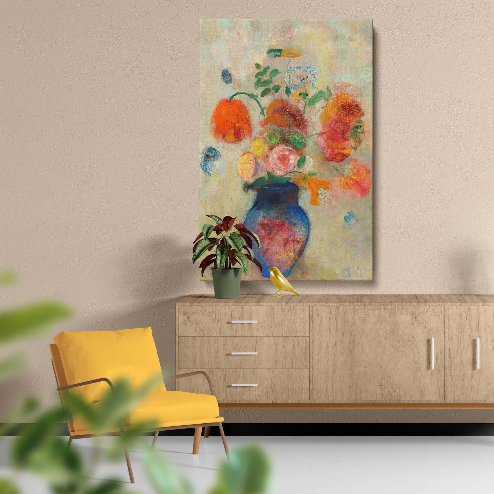 This floral masterpiece by Odilon Redon, titled Large Vase with Flowers, showcases colorful blooms bursting from a cobalt blue vase, set against a serene pastel background. The piece highlights Redon's masterful use of color and texture.