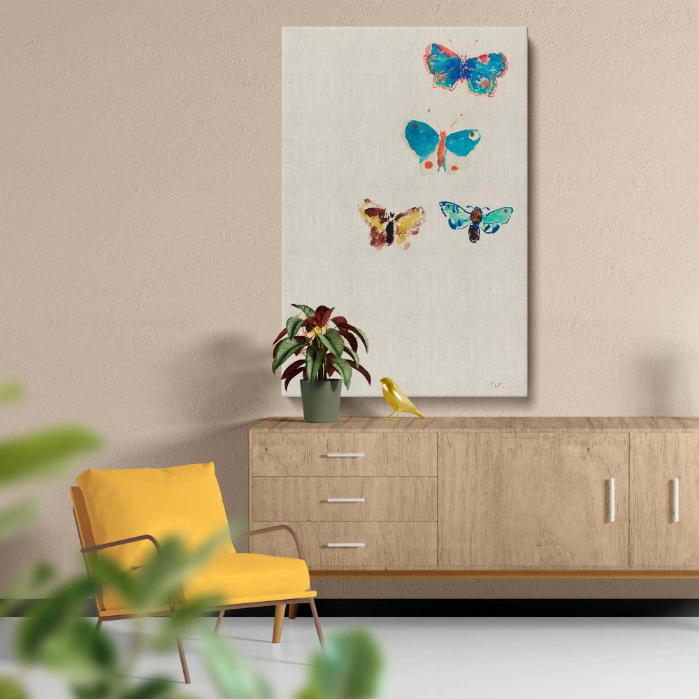 Five Butterflies by Odilon Redon, a watercolor artwork created in 1912, portrays five vividly colored butterflies in shades of blue, orange, and brown, carefully painted with detailed strokes and set against an airy, clean white background for visual bala