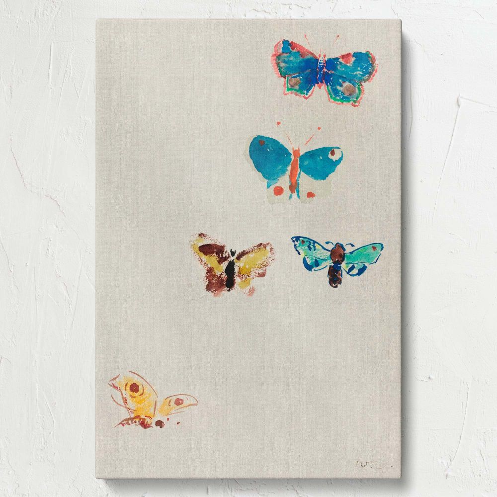 Vintage art print of Odilon Redon's Five Butterflies, painted in 1912, featuring five ethereal butterflies rendered in soft watercolor hues of blue, orange, and yellow, floating on a serene white background, embodying grace and artistic sophistication.