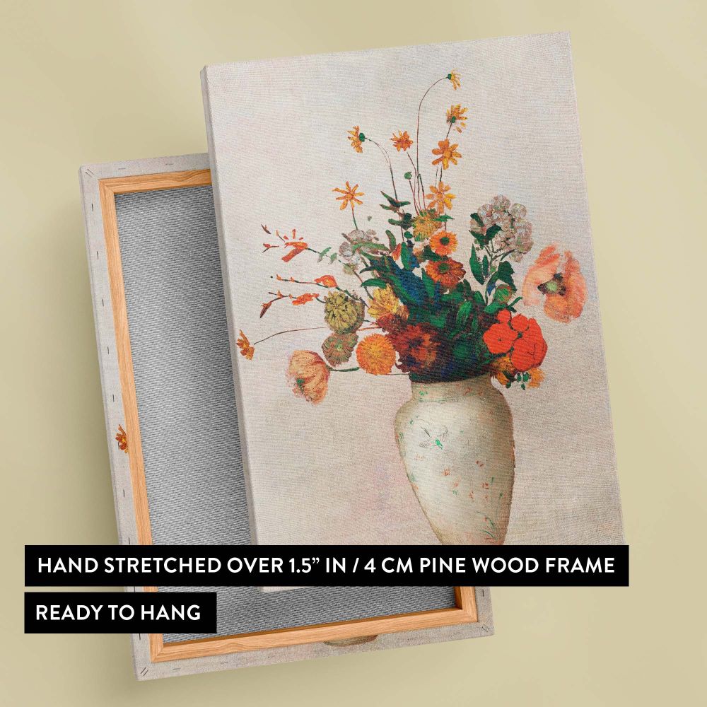 Artistic still life of blooming flowers in rich orange, yellow, and red tones with green leaves, arranged in a delicately patterned white vase, designed to bring warmth and vibrance as a wall canvas for classic or contemporary interior spaces.