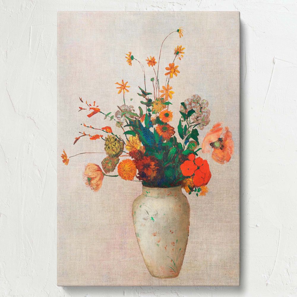 A sophisticated still life painting of a vibrant floral arrangement in a white decorative vase, with intricate textures and a serene neutral background, ideal for nature lovers and art enthusiasts seeking to beautify their spaces with timeless wall d