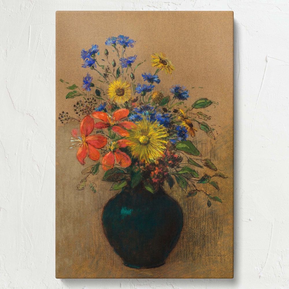 A textured beige background enhances the beauty of Odilon Redon's 1905 wildflowers painting, featuring a vivid arrangement of yellow, blue, and red blossoms in a dark vase, exuding creativity and capturing the essence of natural elegance.