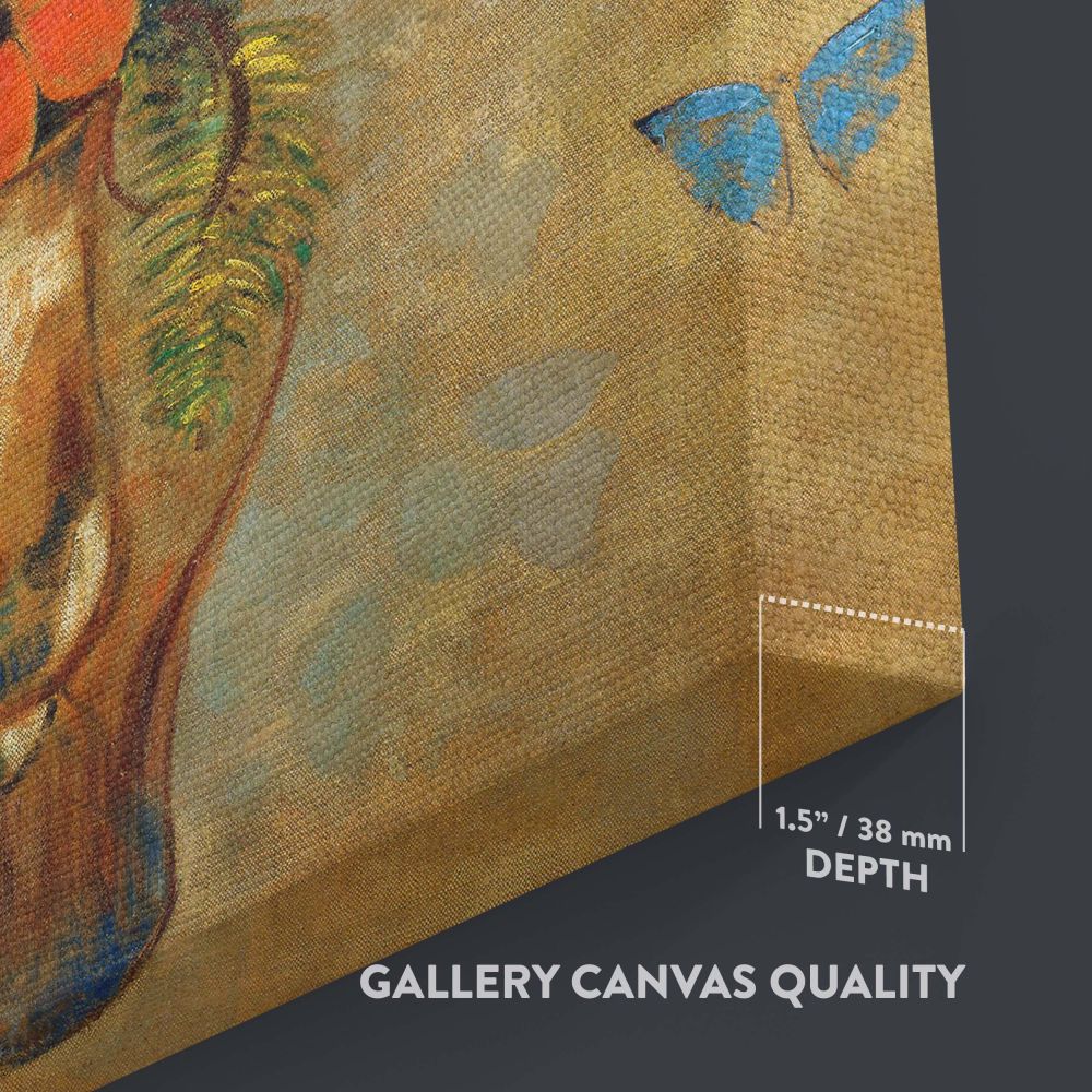 Odilon Redon's 1905 still life art featuring a lively bouquet of mixed flowers with bright red, orange, and blue hues, displayed in a textured vase, and delicate butterflies in motion against a muted background of subtle earthy tones.