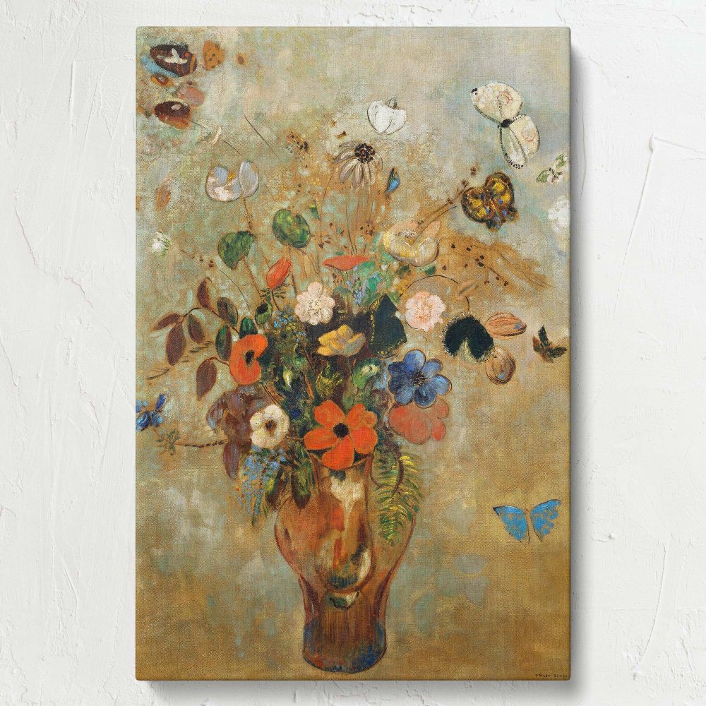 A breathtaking depiction of Odilon Redon's 1905 still life painting, featuring radiant flowers in a vase accompanied by butterflies, demonstrating the artist's delicate use of color and texture to create an ethereal representation of nature's beauty.