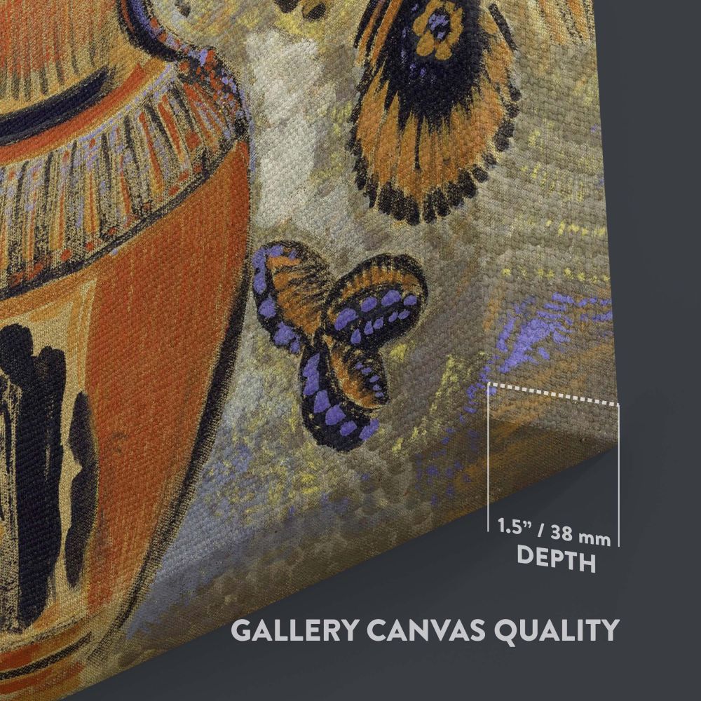Etruscan Vase with Flowers by Odilon Redon features an elegant vase with intricate designs, filled with golden and purple blooms, complemented by artistic floral and feather-like patterns, showcasing Redon's masterful blend of still life and symbolism.