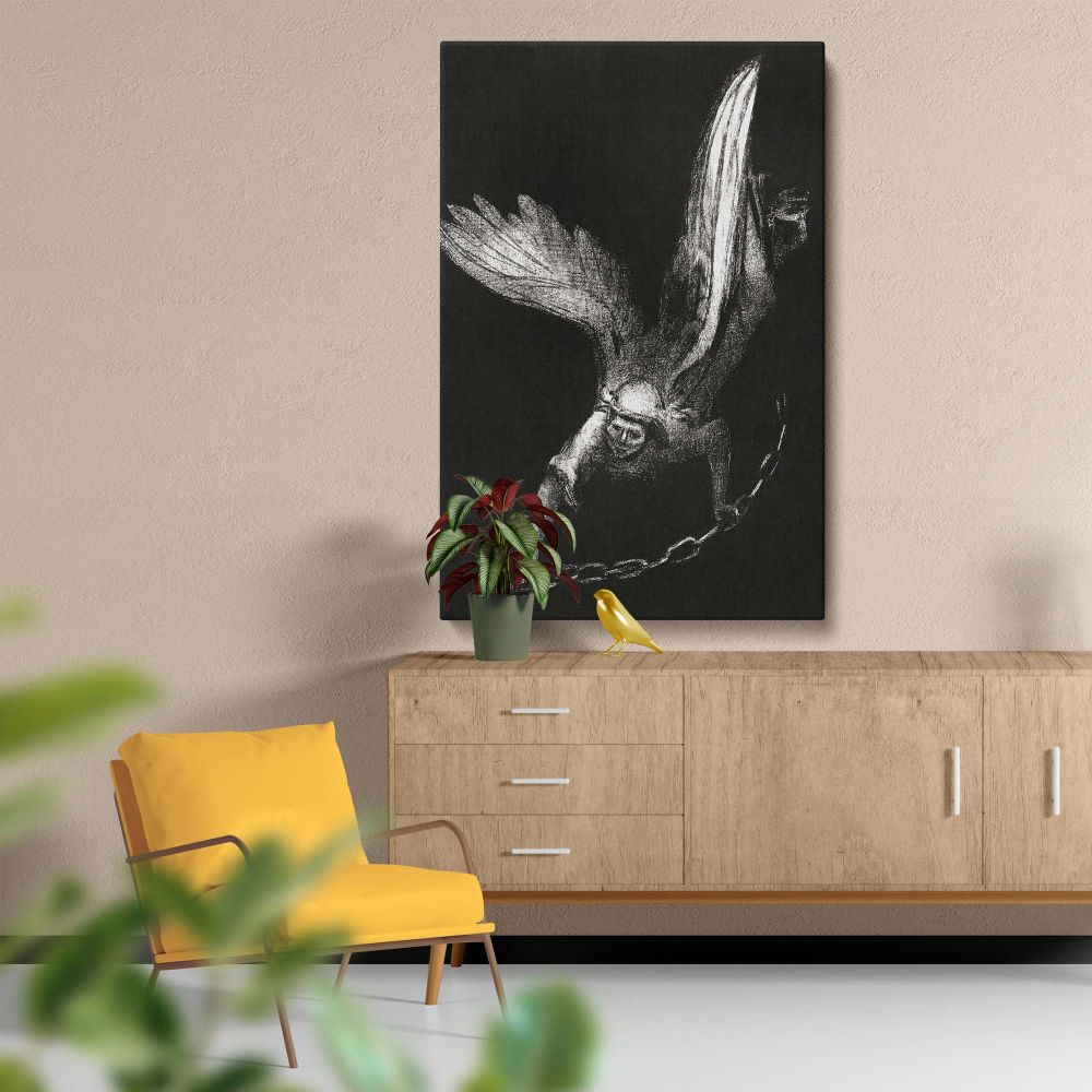 Captivating symbolic art by Odilon Redon illustrating an angel descending from the heavens holding a chain and a key, with glowing wings and a radiant aura, set against a stark black background in a hauntingly minimalist composition.