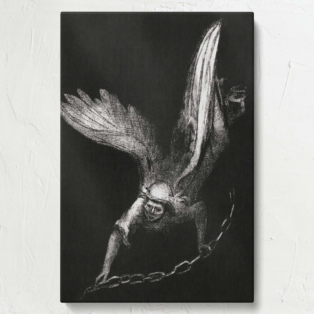Surreal and mysterious Odilon Redon artwork of an angel with radiant wings, descending with a great chain and key, surrounded by darkness, symbolizing spiritual power, divine intervention, and light breaking through shadow.