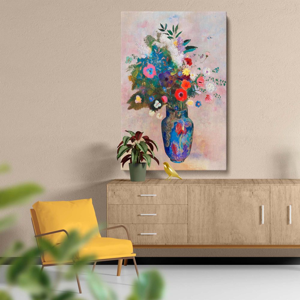 A pastel-themed still life art piece portraying a vivid bouquet of colorful flowers in a decorative vase, highlighting the beauty of nature with artistic flair, perfect for enhancing living spaces with an elegant and calming visual appeal.