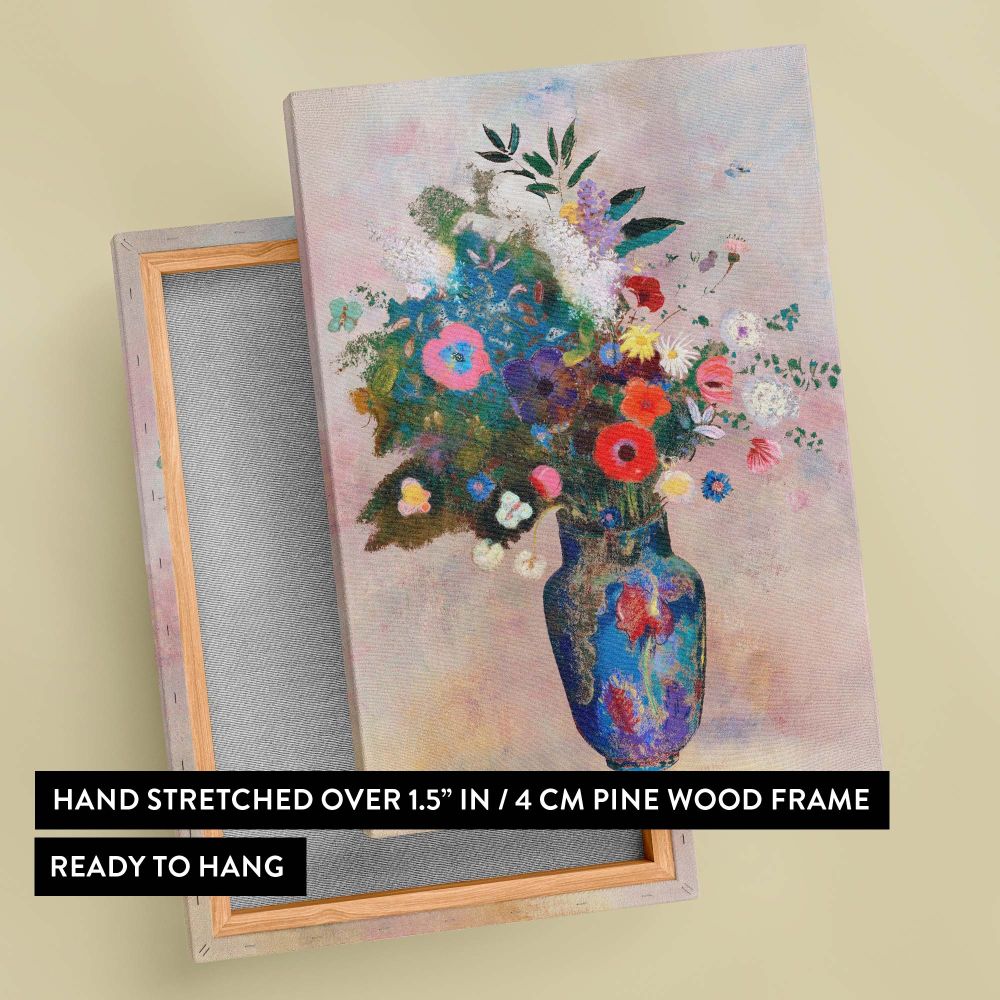 An artistic composition of fresh blooming flowers in a bright, decorative vase against a soft, textured background, painted in vibrant hues to create a timeless still life masterpiece, ideal for adding charm and warmth to any wall decor.