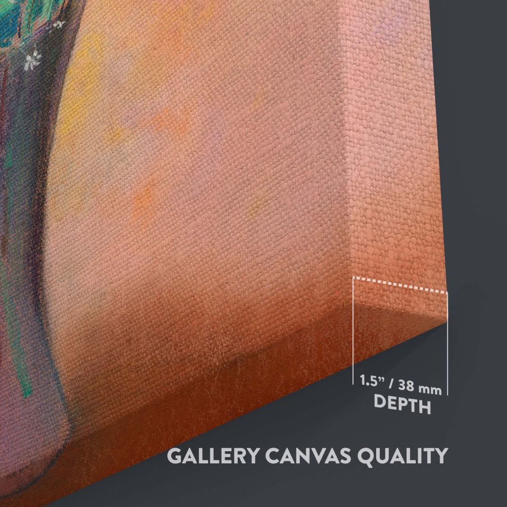 Stunning canvas artwork depicting a vase of colorful flowers, inspired by Odilon Redon's masterpiece, blending vivid reds, purples, and whites with delicate greenery on a warm yellow background, perfect for adding artistic charm to living or workspace wal