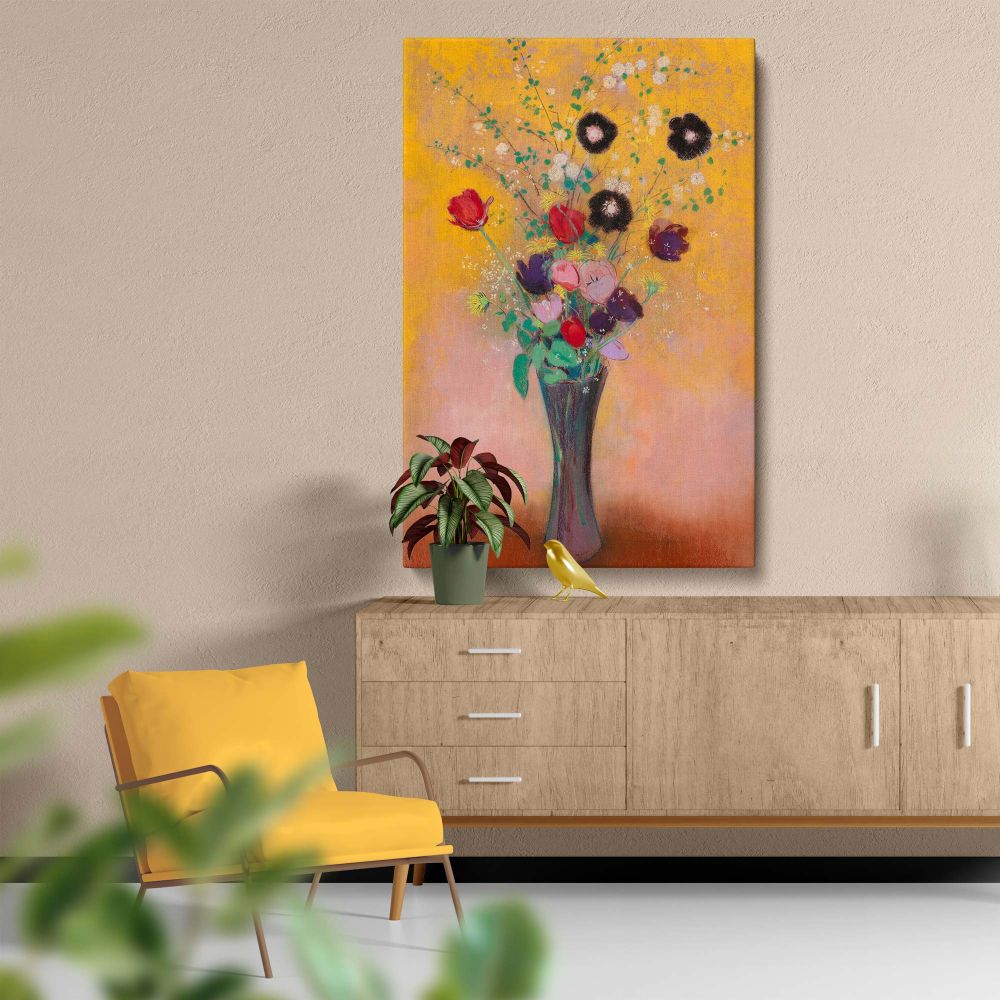 A detailed flower art canvas inspired by Odilon Redon's work, with red tulips, purple blossoms, and delicate greenery bursting from a black vase, all set against a golden-hued backdrop, perfect for enhancing any interior with artistic vibrance.
