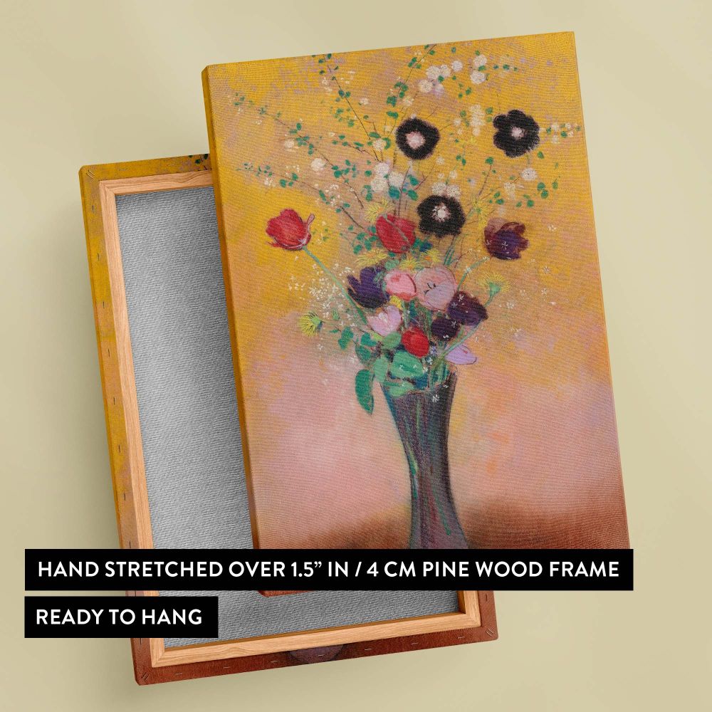 Vintage-inspired wall art featuring Odilon Redon's Vase of Flowers, a canvas print displaying an exquisite floral arrangement in a black vase with a warm yellow background, ideal for art enthusiasts or those seeking timeless wall decor.