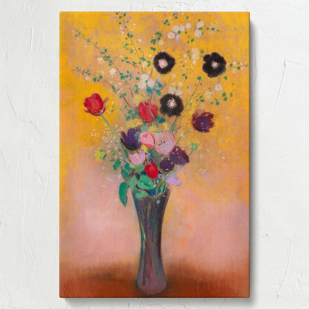 High-quality reproduction of Vase of Flowers by Odilon Redon, featuring a stunning floral bouquet in rich red, black, and violet tones, set against a bright yellow backdrop, designed to complement modern, vintage, or artistic interior decor styles..