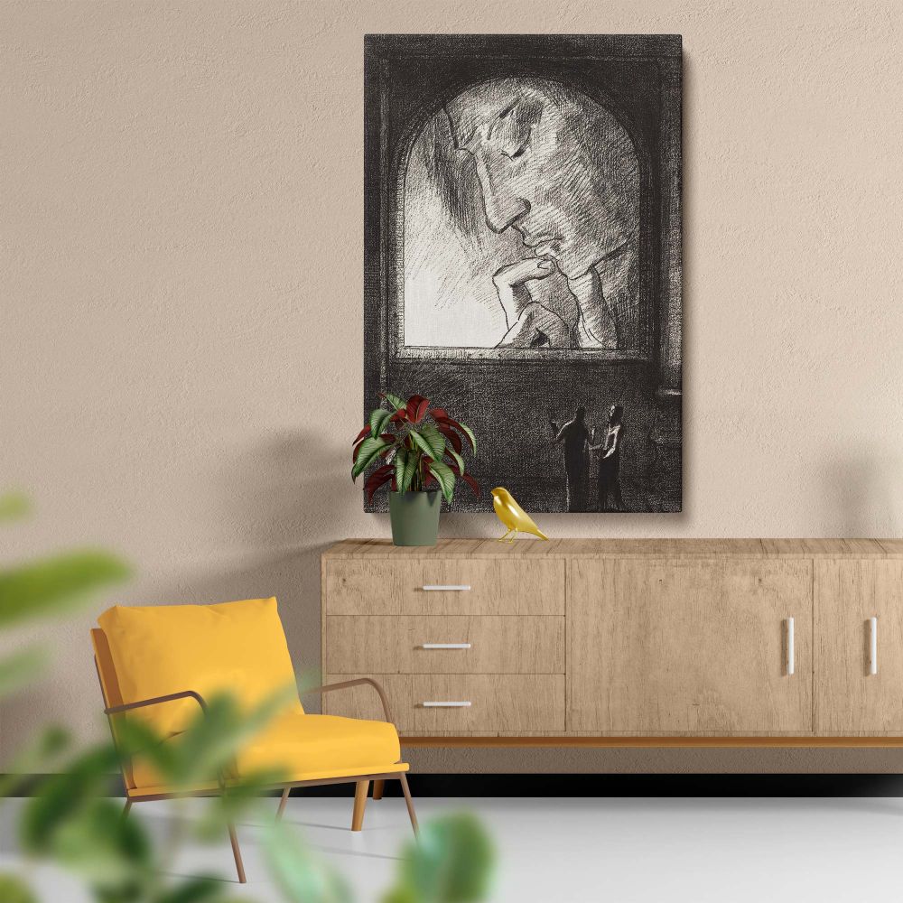Intricate wall decor inspired by Odilon Redon's Light, portraying a symbolic face deep in thought with two smaller figures engaged below, set in a grand architectural frame with a monochromatic palette that enhances its dreamlike quality.