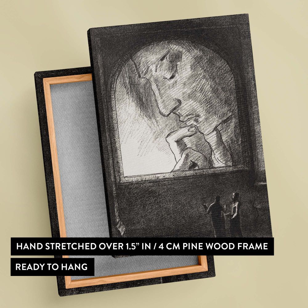 Fine art canvas of Light by Odilon Redon depicting a mysterious face in deep contemplation framed by an arched structure, with two shadowy human figures below, highlighting spiritual and philosophical themes in a striking black and white style.