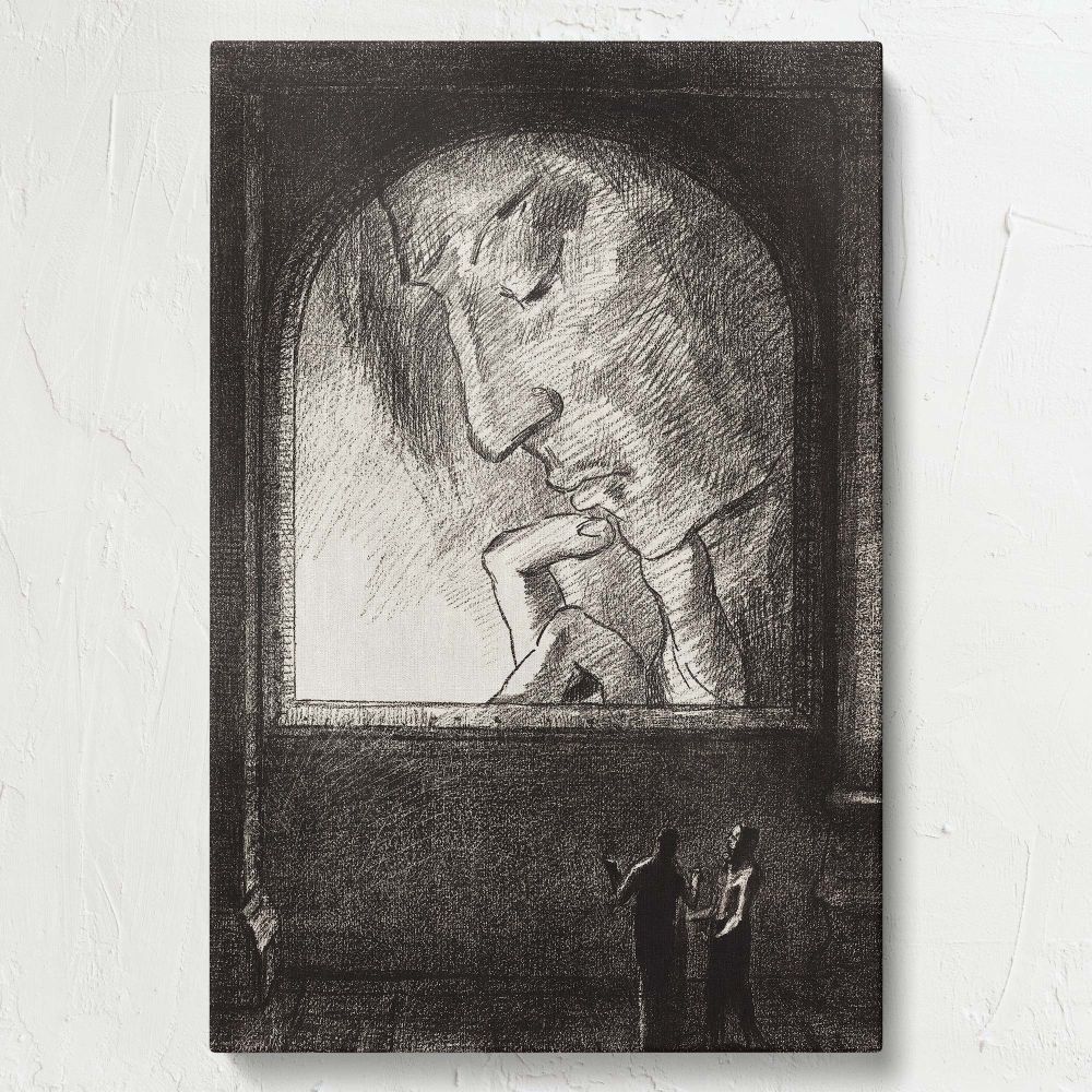 Gothic-inspired wall art featuring Odilon Redon's Light with a thoughtful face surrounded by an arched frame and two shadowy figures below, creating a visually symbolic and enigmatic composition with a dark yet elegant monochrome design.