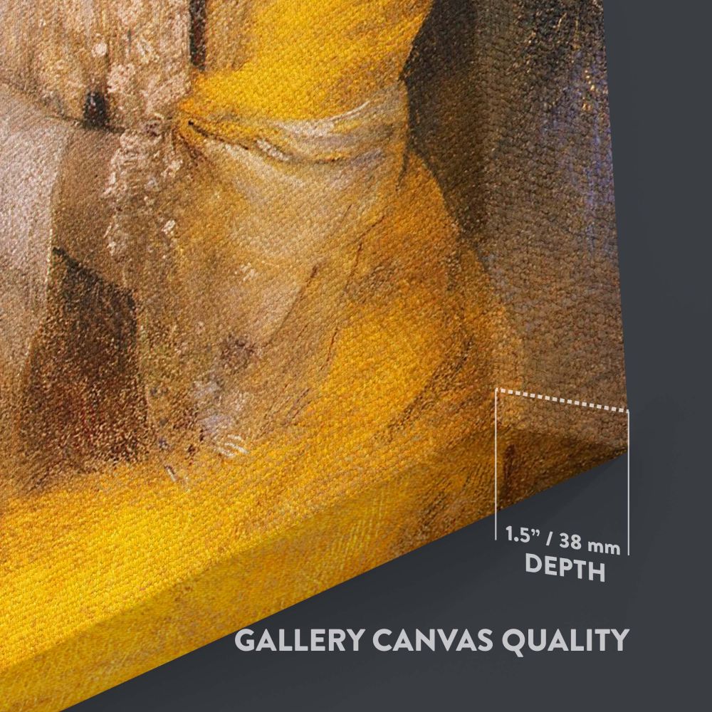 Artistic wall canvas of Madame Arthur Fontaine showcasing a woman in a flowing yellow dress delicately embroidering, framed by a floral background in dreamy tones, capturing femininity, artistry, and quiet elegance in Odilon Redon's timeless style.