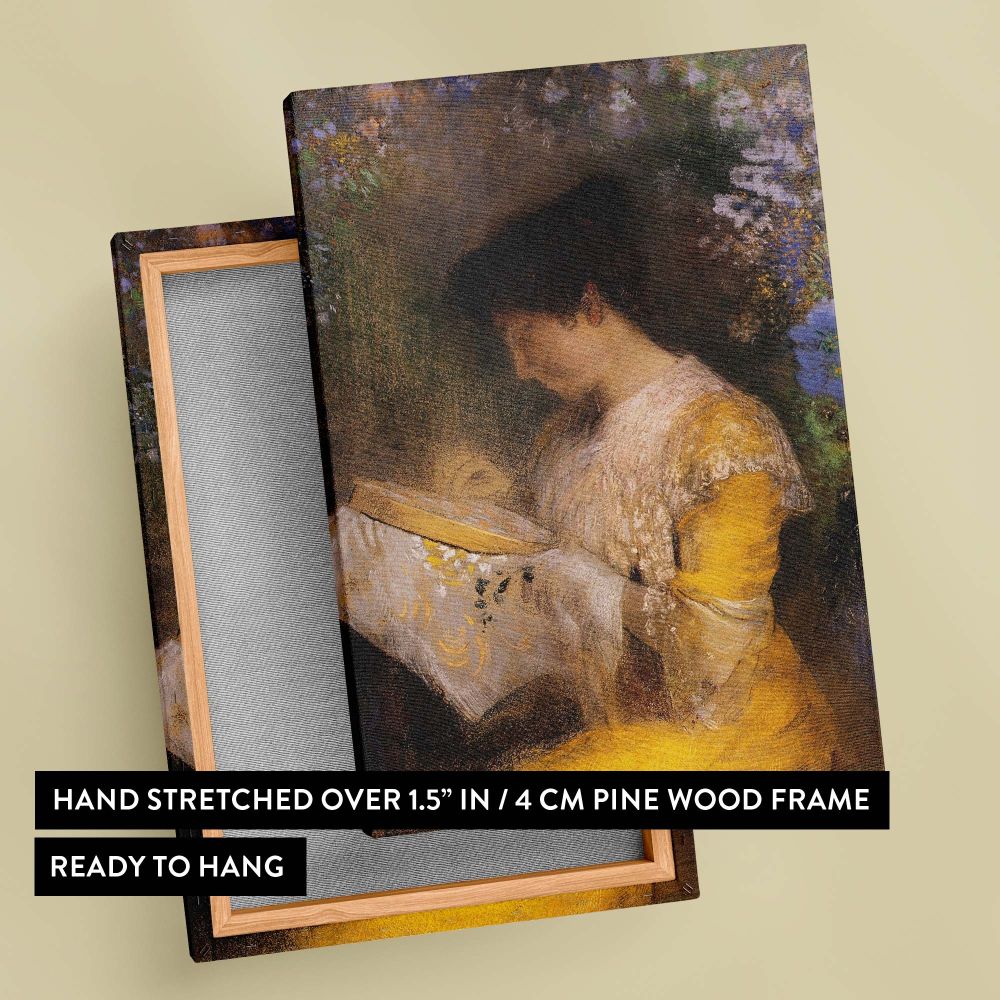 Classic canvas print of Madame Arthur Fontaine showcasing a peaceful woman in a yellow dress with a floral backdrop, highlighting Odilon Redon's mastery of blending realism and dreamlike artistry to create a work of elegance and tranquility.