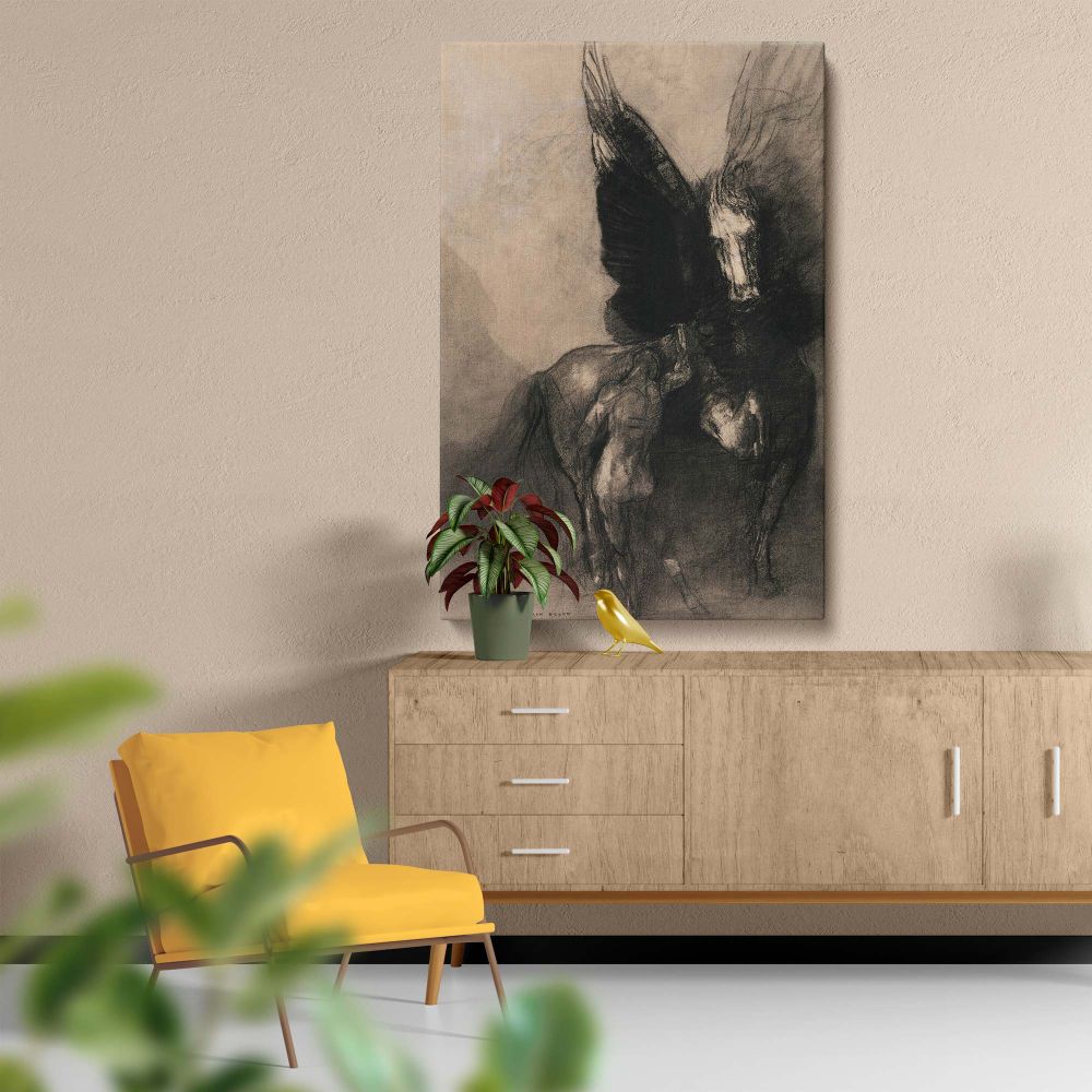 Vintage-inspired wall canvas of Odilon Redon's Pegasus and Bellerophon capturing the ethereal connection between the hero and the winged horse, rendered in expressive black and white tones with deep symbolic and mythological significance.