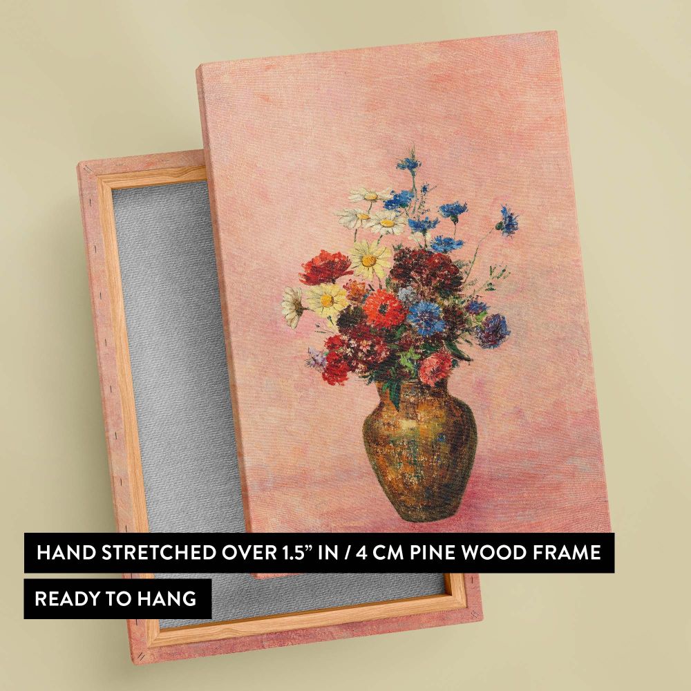 Classic wall canvas of a floral still life featuring blooming flowers in vibrant red, yellow, blue, and white shades, beautifully arranged in a rustic golden vase and highlighted by a soft pink background, perfect for elegant and timeless interior decor.