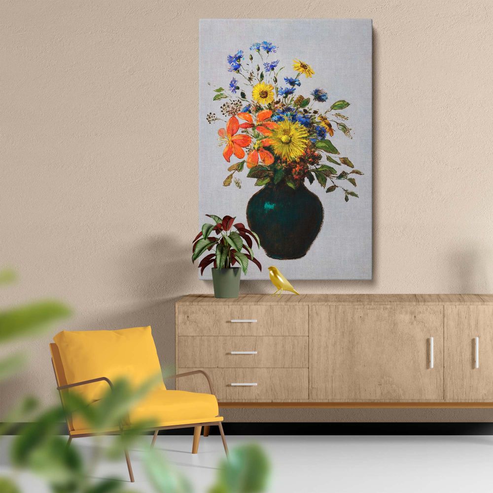 Decorative wall canvas featuring a still life of blooming yellow, blue, and orange flowers in a rustic green vase with a soft neutral backdrop, creating a harmonious and sophisticated display ideal for enhancing any room with natural beauty and elegance.