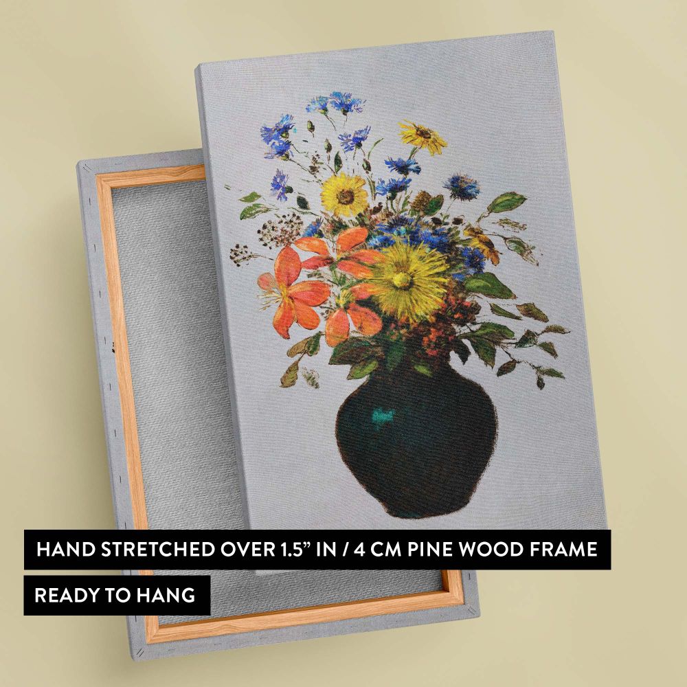 Floral wall art canvas portraying a rustic green vase filled with colorful blooms, including vibrant yellow daisies, blue wildflowers, and orange petals, all rendered against a neutral background with fine detail and bold textures for artistic flair.