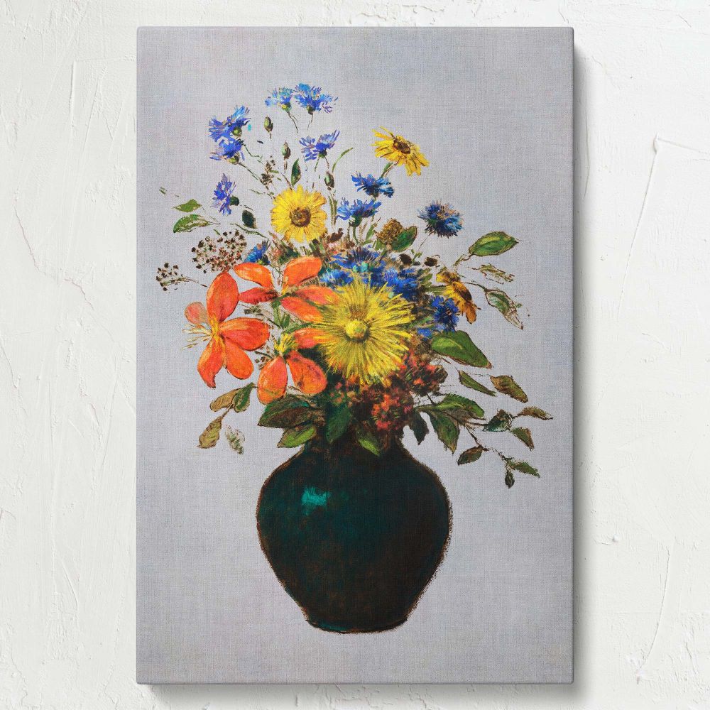 Timeless floral wall canvas of blooming flowers in vibrant yellow, blue, and orange shades, arranged in a green rustic vase and set against a neutral background, perfect for adding a charming and artistic focal point to any room.