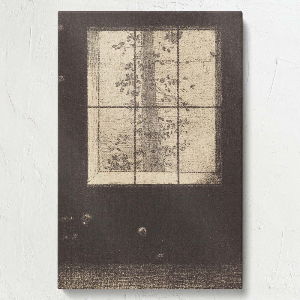 Elegant wall art print of Le Jour Day by Odilon Redon showing a serene tree framed by a window with intricate textures and symbolic contrasts, offering a reflective and timeless design suitable for artistic or contemplative interior spaces.